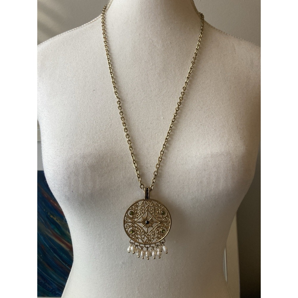 Patricia Nash Boho Filigree Long Pendant Necklace In Gold Tone Faux Pearl Dangle